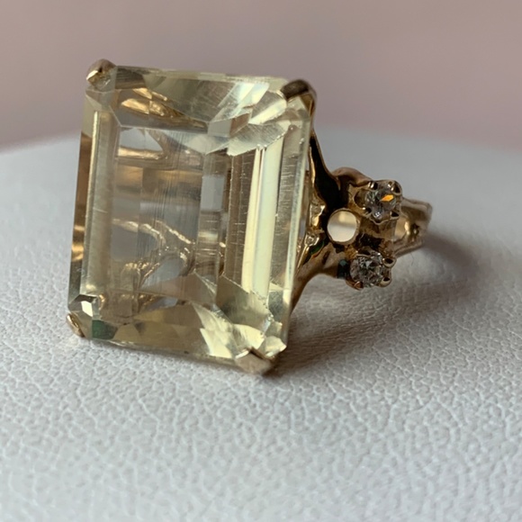 VINTAGE 14K YELLOW GLD HUGE EMERALD STEP CUT LEMON CITRINE QUARTZ RING STATEMENT - Picture 9 of 16
